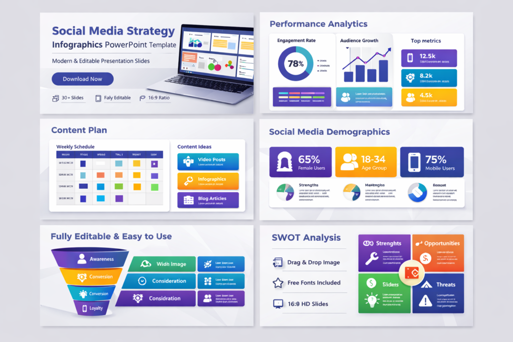 Social Media Strategy Infographics PowerPoint Template – Slidebooe modèles infographiques pour stratégie digitale